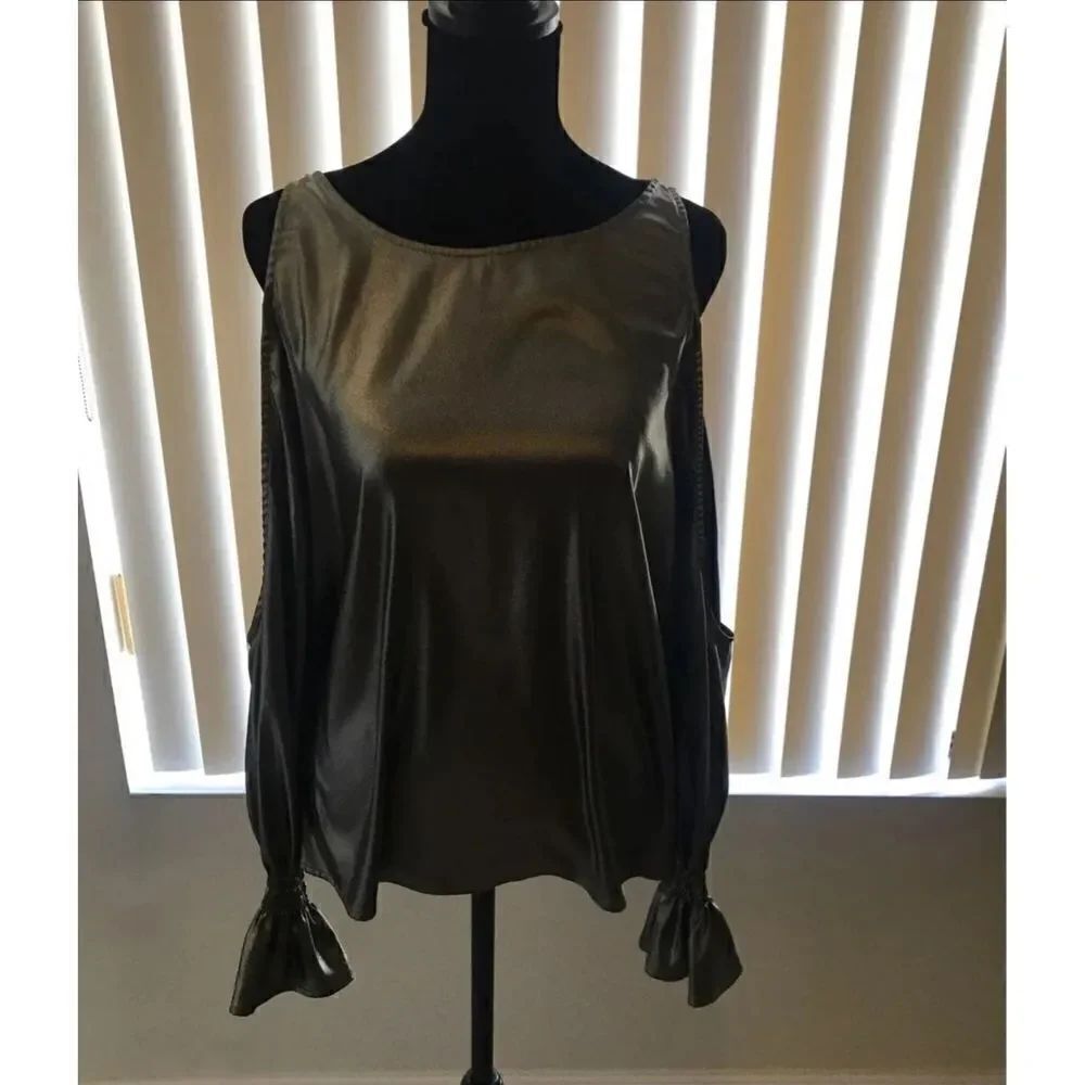 Express Gold Metallic Open Shoulder Long Sleeve Top Sz M